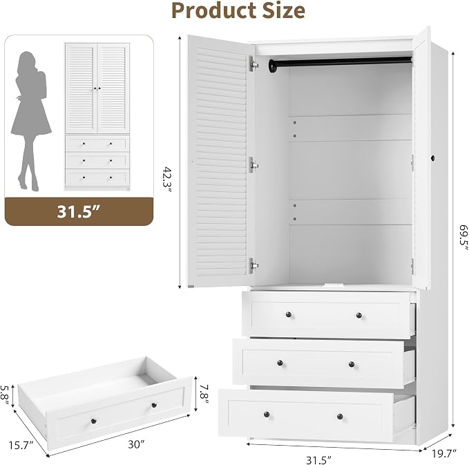 Garvee 70" Wardrobe Armoire Wooden Closet with 2 Doors and 3 Drawers, Bedroom Armoire with Hanging Rod Shelf, Large Capacity Storage Wardrobe Armoire, Freestanding Wooden Closet Storage Cabinet