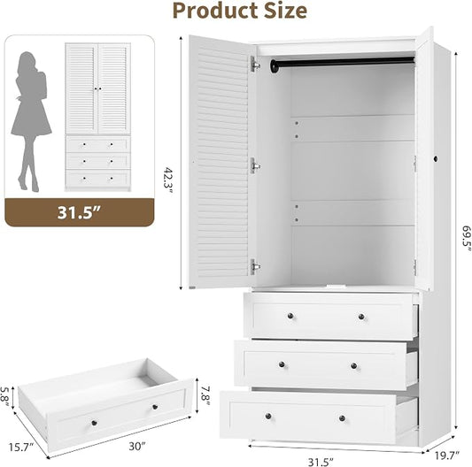 Garvee 70" Wardrobe Armoire Wooden Closet with 2 Doors and 3 Drawers, Bedroom Armoire with Hanging Rod Shelf, Large Capacity Storage Wardrobe Armoire, Freestanding Wooden Closet Storage Cabinet