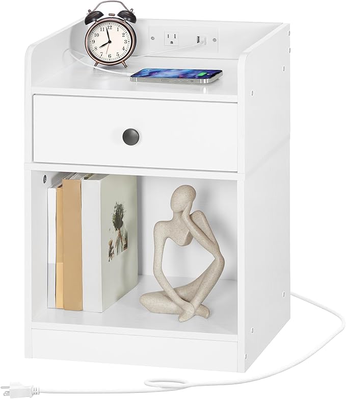 HOOBRO Nightstand with Charging Station, End Table with Drawer and Opening Shelf, Bedside Table with USB Ports and Outlets, Small Night Stand for Bedroom, Simple Style, White WT18UBZ01