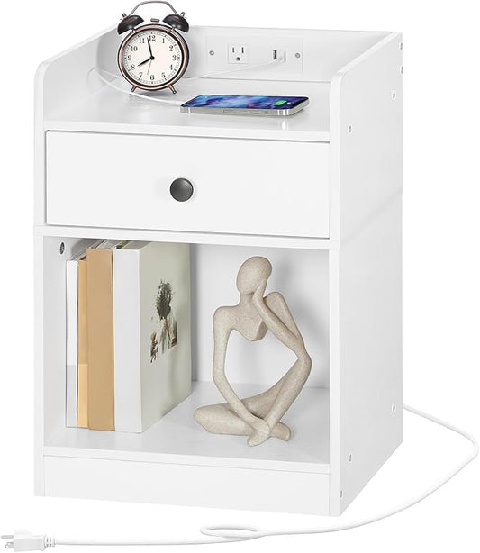 HOOBRO Nightstand with Charging Station, End Table with Drawer and Opening Shelf, Bedside Table with USB Ports and Outlets, Small Night Stand for Bedroom, Simple Style, White WT18UBZ01