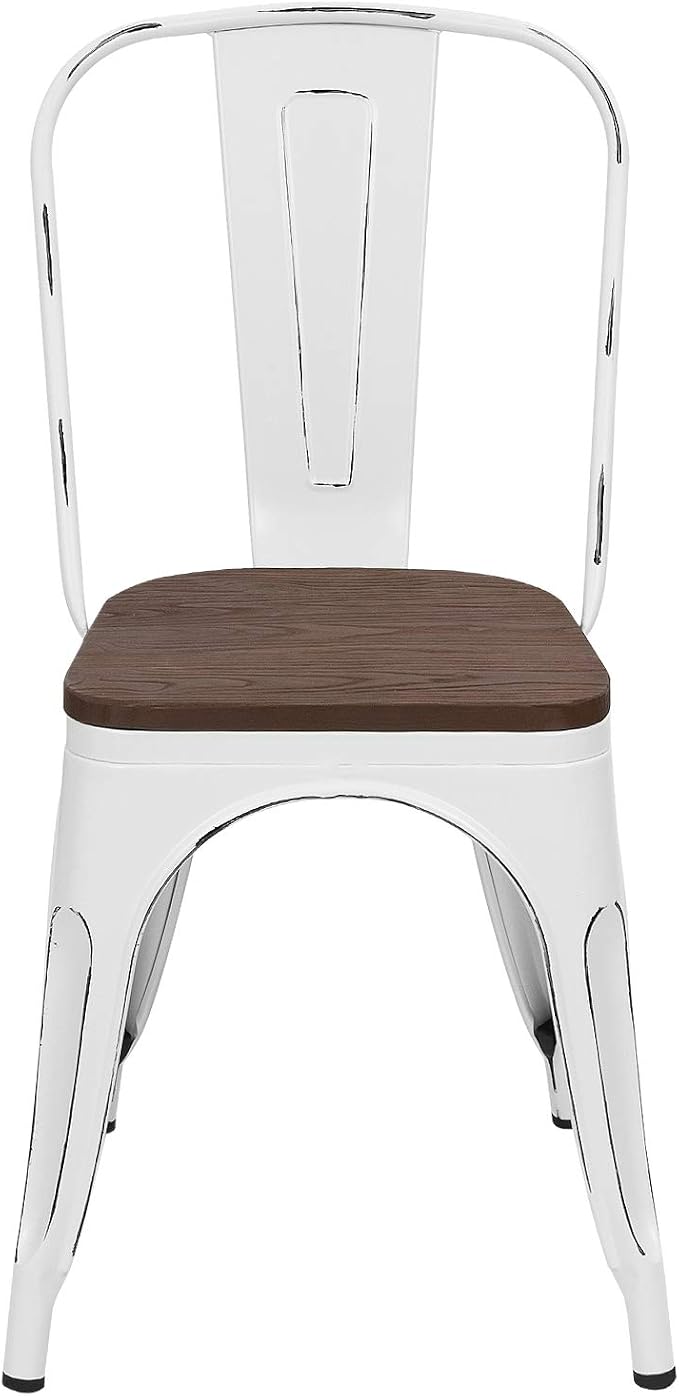 Furmax Metal Dining Chairs with Wood Seat, Indoor-Outdoor Use Stackable Chic Dining Bistro Cafe Side Metal Chairs Set of 4(White)