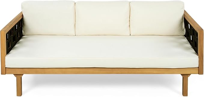 Merax Outdoor 3 Seater Daybed, Acacia Wood Patio Day Bed Couch Sofa with Cushions & Stylish Rope Weave Armrest, 67.5" L Outdoor Seating for Gardern Deck Porch Balcony, Beige