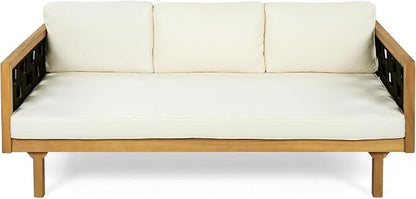 Merax Outdoor 3 Seater Daybed, Acacia Wood Patio Day Bed Couch Sofa with Cushions & Stylish Rope Weave Armrest, 67.5" L Outdoor Seating for Gardern Deck Porch Balcony, Beige