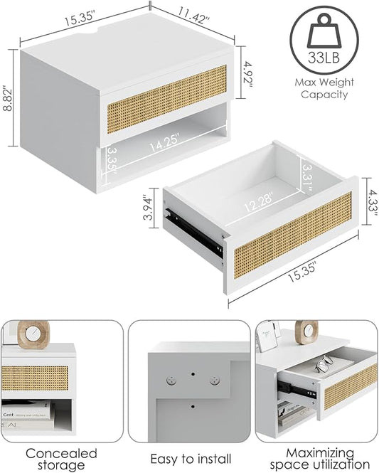 Small Modern Nightstand with Drawer, Floating Shelves for Bedroom, Bathroom (White Rattan)
