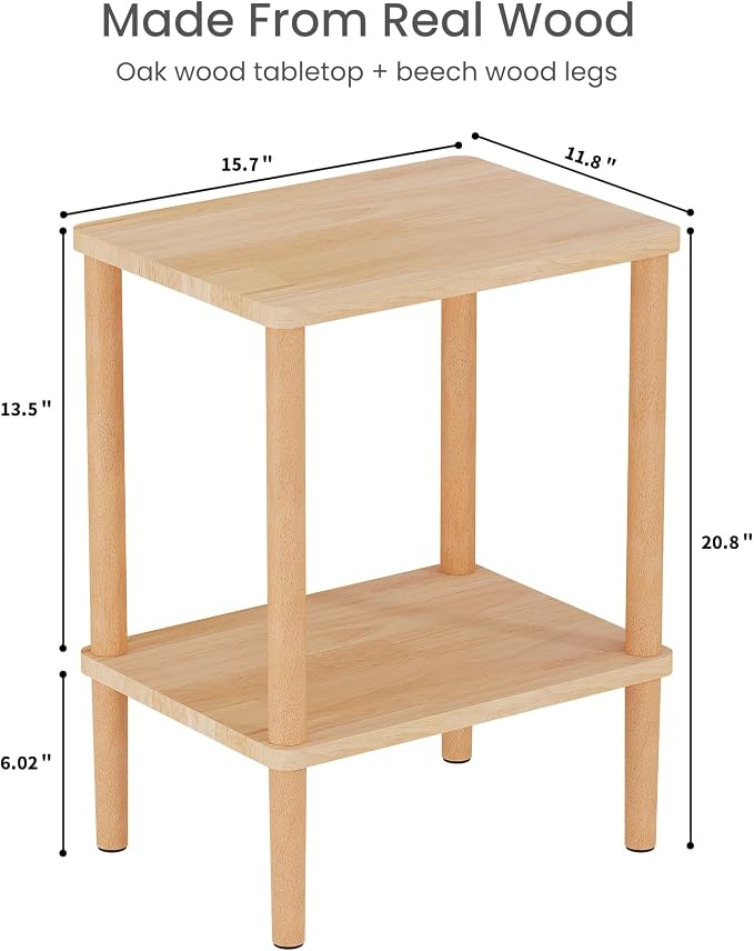 Solid Wood Side Table, Small End Table, Narrow Nightstand Bedside Table | 2-Tiers Real Oak Wood Table for Small Spaces, Bedroom, Living Room, Farmhouse, No-Tool Assembly.