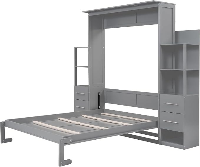 Queen Murphy Bed Cabinet, Space Saving Wall Bed with Storage and Lights | Flexible slats support an 8-inch mattress, while 2 four-layer shelves and 4 drawers help keep essentials organized