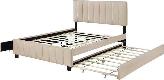 Bellemave Queen Bed Frame with Trundle Bed,Velvet Upholstered Platform Bed Frame with Storage Drawers,Queen Size Trundle Bed with Headboard for Kids Teens Adults,Beige