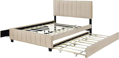 Bellemave Queen Bed Frame with Trundle Bed,Velvet Upholstered Platform Bed Frame with Storage Drawers,Queen Size Trundle Bed with Headboard for Kids Teens Adults,Beige
