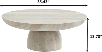 35.43" Round Marble Coffee Table, Modern Pedestal Coffee Table Faux Stone Drum Center Table with Base, Accent Concrete Side End Table for Living Room Apartment Home Office
