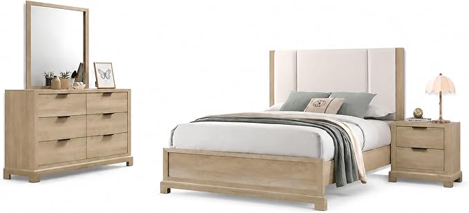 Kings Brand Furniture Linden 4-Piece Bedroom Set, King Size Bed Frame with Upholstered Headboard, Dresser with Mirror and 2-Drawer Nightstand, Oak Finish