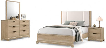 Kings Brand Furniture Linden 4-Piece Bedroom Set, King Size Bed Frame with Upholstered Headboard, Dresser with Mirror and 2-Drawer Nightstand, Oak Finish