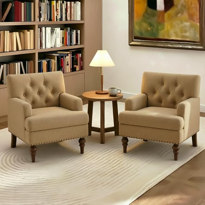 MALOL Upholstered Accent Chair, Comfy Reading Chair for Living Room, Mid Century Modern Armchair with Thick Cushion & Solid Rubberwood Legs, for Bedroom/Small Spaces, Brown