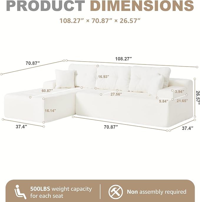Hobestluk Modular Sectional Sofa Couches L-Shape Couch 3 Seat Modular Sofa Memory Foam Sectional Couches for Living Room, Cloud Couch with Oversized Chaise (White Tufted, 108", Left Hand Facing)