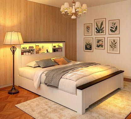 EnHomee Full Size Bed Frame with Storage Headboard and 4 Drawers,Charging Port & LED,No Box Spring Needed for Apartment,Noise,-Free,White with Grain Marks