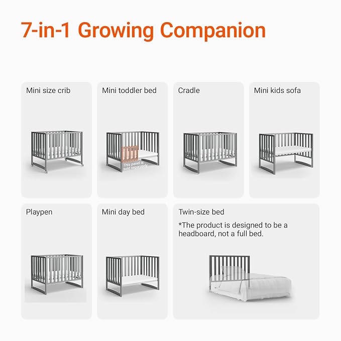 MAMAZING EvoNest 7-in-1 Convertible Baby Mini Crib with Wheels | GREENGUARD Gold Certified, New Zealand Pine Wood, 4 Adjustable Heights, Rocking Mode, Small Spaces Design, Grey