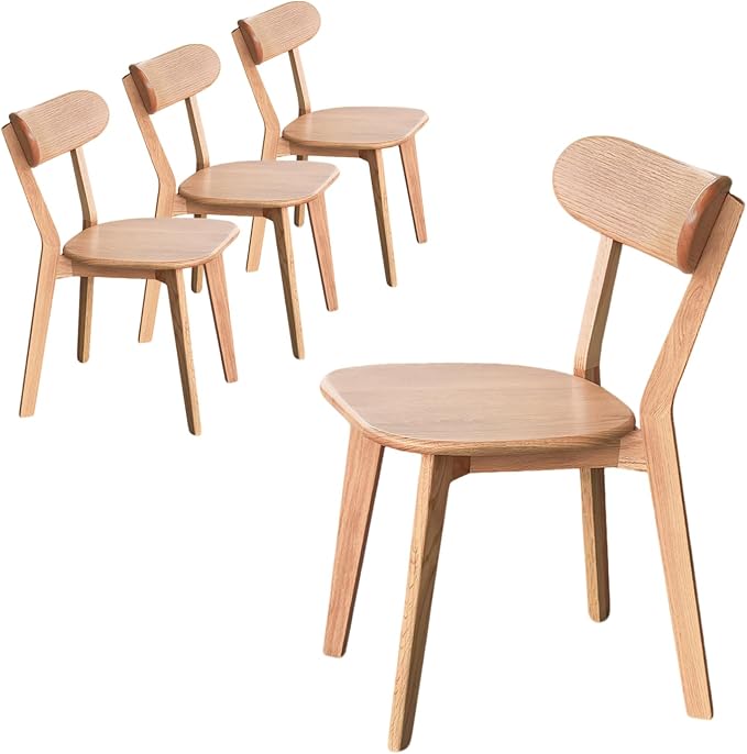 Solid Oak Dining Chairs Set of 4 – FAS Grade Frame, Mid Century Modern Armless Side Chairs, Heavy Duty 400 lb Capacity, Natural Finish Curved Back for Breakfast Nook, Dining Room & Kitchen