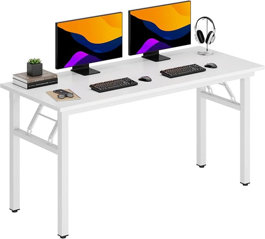 DlandHome Computer Desk, 59.8Inch Office Desk Computer Table, Study Writing Study Desk for Home Office, White Desktop and White Frame