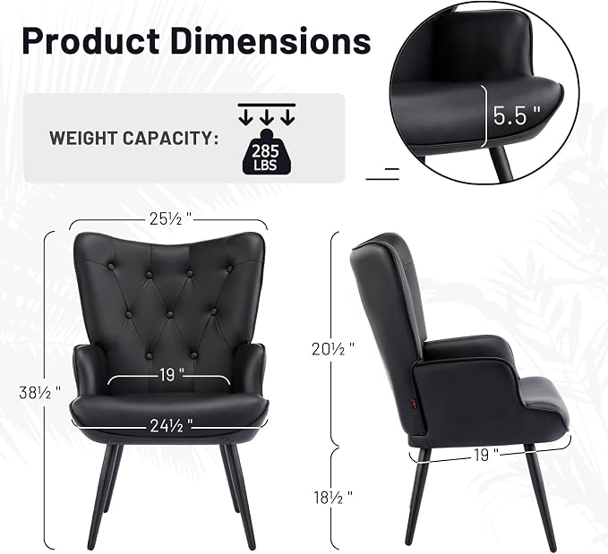 Furniliving PU Leather Accent Chair for Living Room, Upholstered Reading Chair with High Backrest, Tufted-Button Wingback Armchair for Bedroom, Dressing Room, Home Office, Set of 2, Black