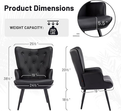 Furniliving PU Leather Accent Chair for Living Room, Upholstered Reading Chair with High Backrest, Tufted-Button Wingback Armchair for Bedroom, Dressing Room, Home Office, Set of 2, Black