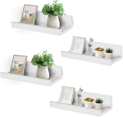 Muzilife 12" Small Floating Wall Ledge Shelves with Lip - Set of 4 Wood Floating Shelves - White Wall Mounted Picture Ledge for Office, Bathroom, Bedroom, Living Room, Kitchen