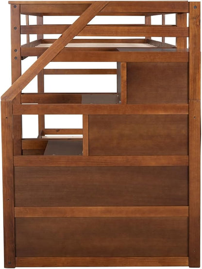 MERITLINE Twin Over Twin Bunk Beds with Trundle and Storage Box, Solid Wood Bunk Bed with Stairs and Storage Case for Teens Adults (Walnut + Solid Wood)
