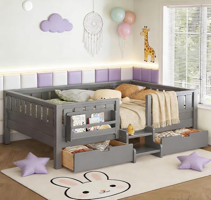 Bellemave Queen Size Kids Bed with high Rails and with Built-in Bookshelf and Drawers for Kids, Girls, Boys, Wood Montessori Bed Without Door, Gray