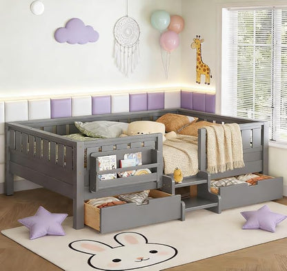 Bellemave Queen Size Kids Bed with high Rails and with Built-in Bookshelf and Drawers for Kids, Girls, Boys, Wood Montessori Bed Without Door, Gray