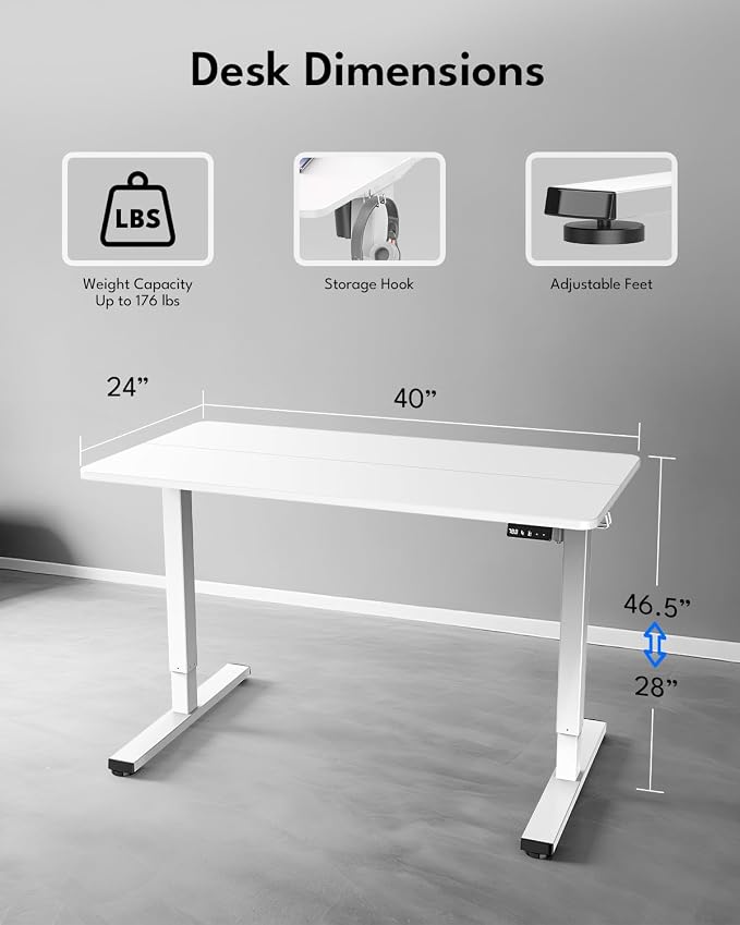Standing Desk, Height Adjustable Electric Stand up Desk, 40 x 24 Inches Sit Stand Home Office Desk with Splice Board, White Frame/White Top