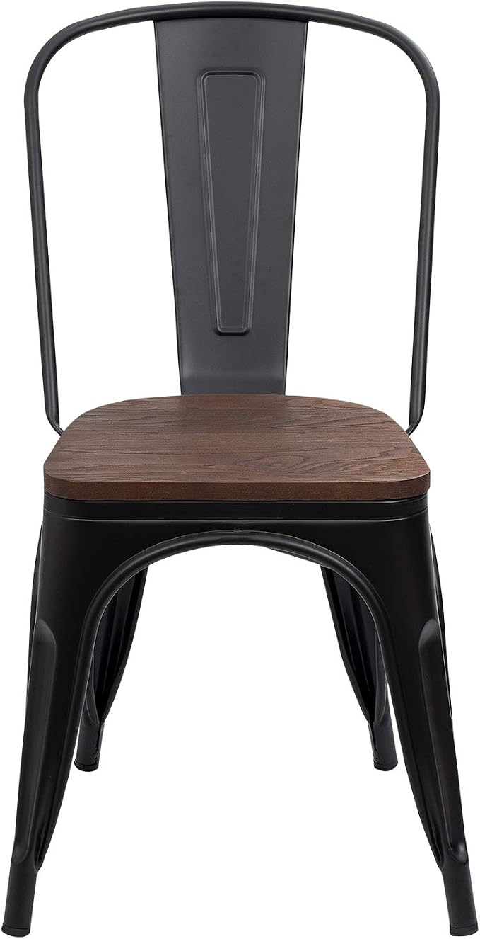 Furmax Metal Dining Chairs with Wood Seat, Indoor-Outdoor Use Stackable Chic Dining Bistro Cafe Side Metal Chairs Set of 4(Black)