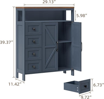 Vabches Farmhouse Storage Cabinet with 2 Doors and 4 Drawers, Freestanding Bathroom Compartment Kitchen Pantry Cabinet, Floor Cupboard for Kitchen/Living Room/Bathroom,Blue