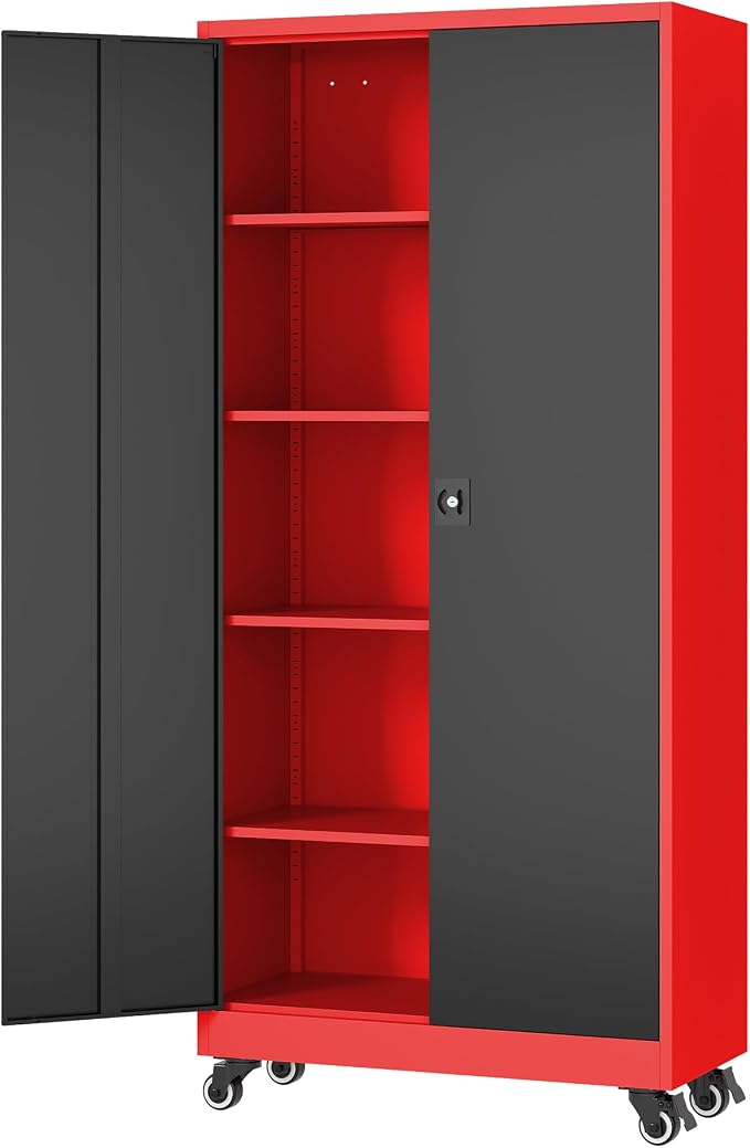 Fesbos Metal Rolling Storage Cabinet-74.6” Tall Steel File Cabinets with Wheels Lockable Doors and Adjustable Shelves-Black & Red Steel Storage Cabinet for Home, School, Office, Garage