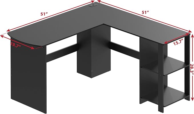 SHW 51 x 51 Inches L-Shaped Home Office Wood Corner Desk wtih Storage, Black