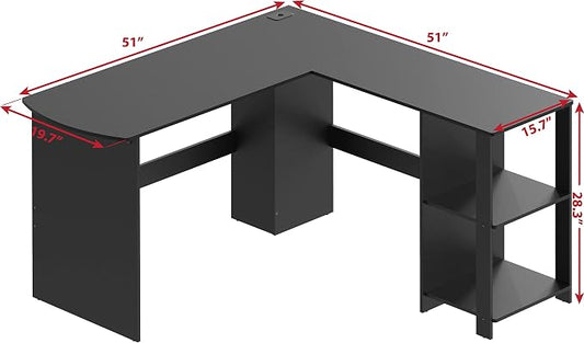 SHW 51 x 51 Inches L-Shaped Home Office Wood Corner Desk wtih Storage, Black