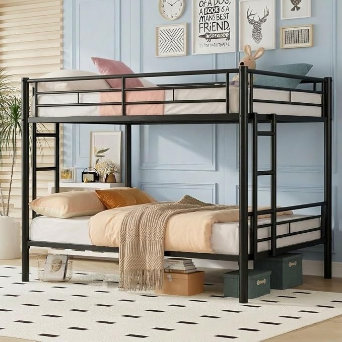 EMKK Metal Bunk Bed Full Over Full with Guardrails,Bedframe,Bunk Beds for Dorm,Bedroom,Guest Room,Heavy Duty Metal Slats, Noise Free, No Box Spring Needed, Black