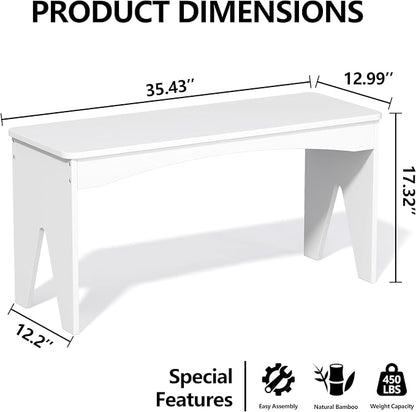 APRTAT Bamboo 35.4" Dining Room Bench, Long Indoor Shoe Bench Seat, White | 450LBS Weight Capacity, 2-Person Seat, Rounded Safety Corners, Multi-Scene Use, Easy Assembly