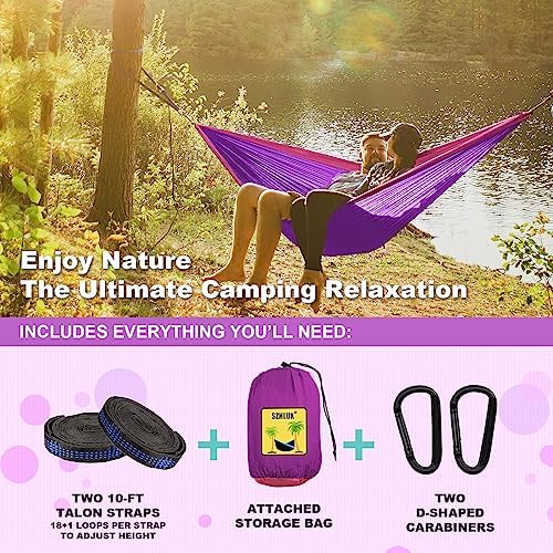SZHLUX Camping Hammock Double & Single Portable Hammocks with 2 Tree Straps and Attached Carry Bag,Great for Outdoor,Indoor,Beach,Camping,Purple & Pink, Medium