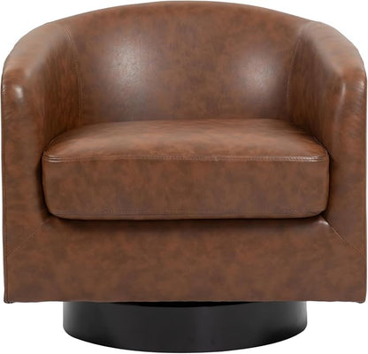 360° Swivel Barrel Accent Chair Armchair, PU Leather Round Club Arm Chair for Lving Room, Modern Upholstered Small Bedroom Single Sofa Seat - Coffee Brown, Set of 4