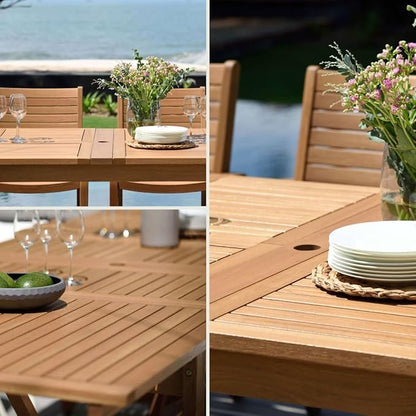 Amazonia Franklin 9-Piece Teak Finish Wood and Aluminum Rectangular Extendable Patio Dining Set | 100% Teak from Indonesia Armrests | Ideal for Outdoors and Indoors