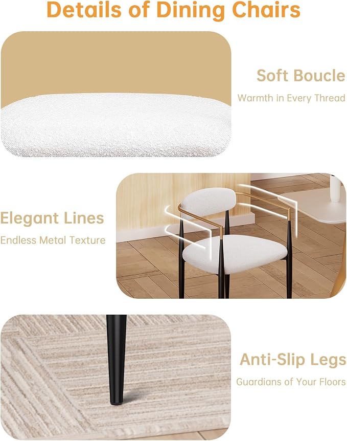 Morden Fort Marble Dining Table Set for 6, 70" Modern Dining Table with White Faux Marble Top and 6 Boucle Upholstered Chairs for Kitchen and Restaurant