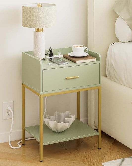 Masupu Nightstand with Charging Station,3-Tier Modern Bedside Night Stand with Storage Drawer and Shelf,Small End Side Table for Bedroom,Living Room,Gold and Green