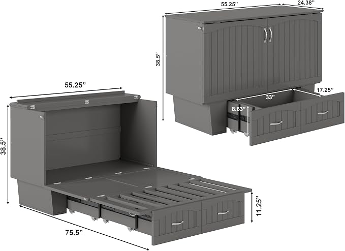 AFI, Nantucket Full Size Murphy Bed Chest with Mattress, Storage Drawer and Built-in USB Charger, Grey