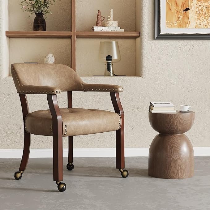 LEEMTORIG Large Dining Chairs with Casters and Arms, Rolling Dining Chairs with Wheels, Accent Game Chairs Boss Caption's Chairs, 26"D x 25.2"W x 31.5"H, Cherry Legs & Yellowish Brown PU SY-1533-PMB