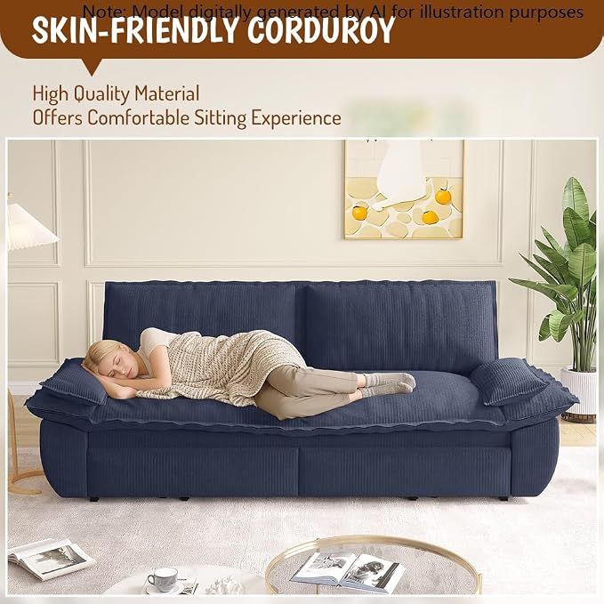 73.2" Sleeper Sofa Bed Queen Size, 3-in-1 Convertible Couch, Modern Pull Out Couches, Comfy Corduroy Futon Sofa, Cloud Loveseat Lounge, Pillow Arm, for Living Room, Apartment, Dark Blue