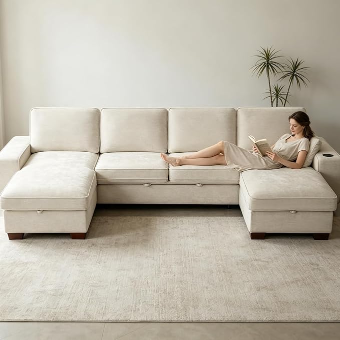129" Convertible Sleeper Sofa Bed,L Shaped with Storage Chaise Pull Out Couch for Living Room,USB and Type-C,Removable Washable Chenille Covers (Beige)