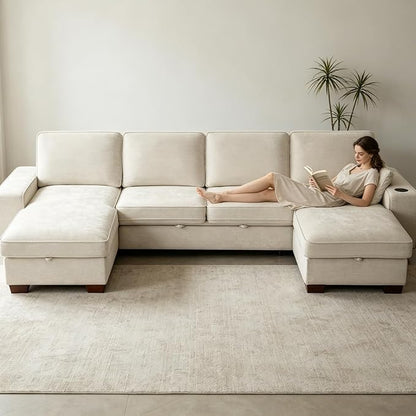 129" Convertible Sleeper Sofa Bed,L Shaped with Storage Chaise Pull Out Couch for Living Room,USB and Type-C,Removable Washable Chenille Covers (Beige)