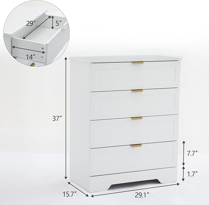 37-inches Tall Chest of Drawers, 4 Drawer Dresser for Bedroom, Wood Dresser with Large Drawers, Modern Storage Cabinet for Closet, Living Room, Entryway, White