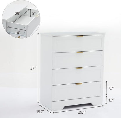 37-inches Tall Chest of Drawers, 4 Drawer Dresser for Bedroom, Wood Dresser with Large Drawers, Modern Storage Cabinet for Closet, Living Room, Entryway, White
