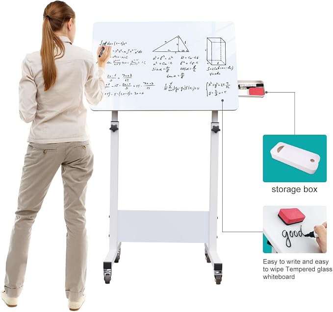 KOUPA Adjustable Height Standing Desk, 24 in Writable Tempered Glass Desktop with Eraser, 360° Flip, Wheels – Ideal for Small Spaces and Home Offices, White(Adjustable Height: 32-47 in)