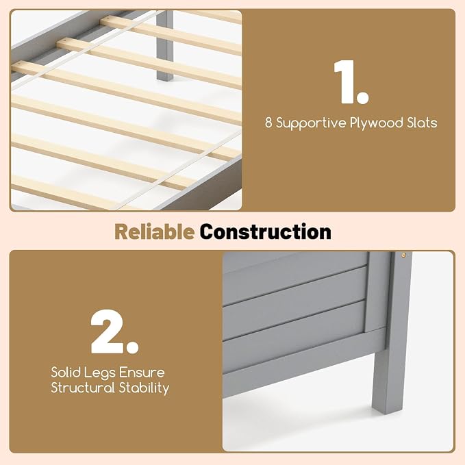 GOFLAME Twin Size Bed Frame with 2 Drawers, Platform Bed with Solid Wood Headboard & Footboard, Wood Slats Support Mattress Foundation, Under Bed Storage, No Box Spring Needed, Easy Assembly, Grey
