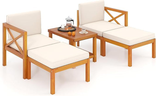 Tangkula 5 Pieces Acacia Wood Patio Chaise Lounge Chair Set with Ottomans and Cushions, Outdoor Patio Chairs Set with 2-Tier Coffee Table, Outdoor Conversation Set for Garden, Backyard and Poolside